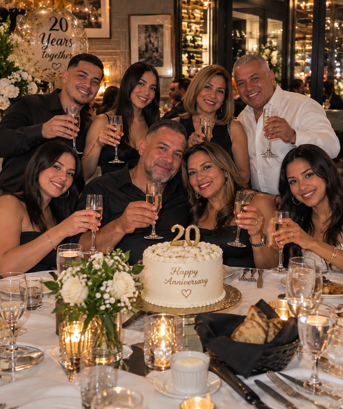 Family celebrating a 20th anniversary dinner