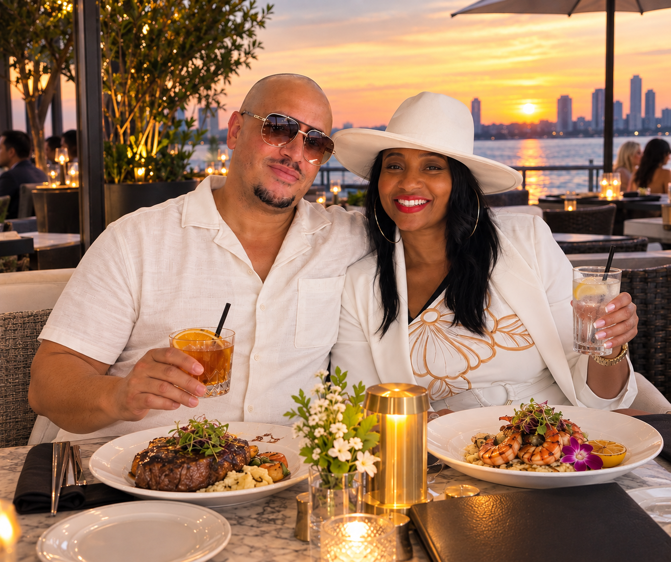 Couple enjoying a romantic waterfront dinner at sunset