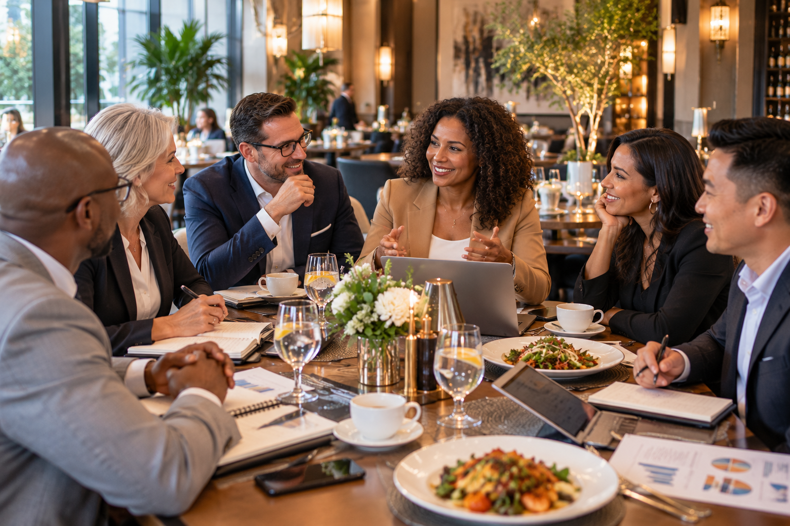 Business professionals dining together at an elegant restaurant